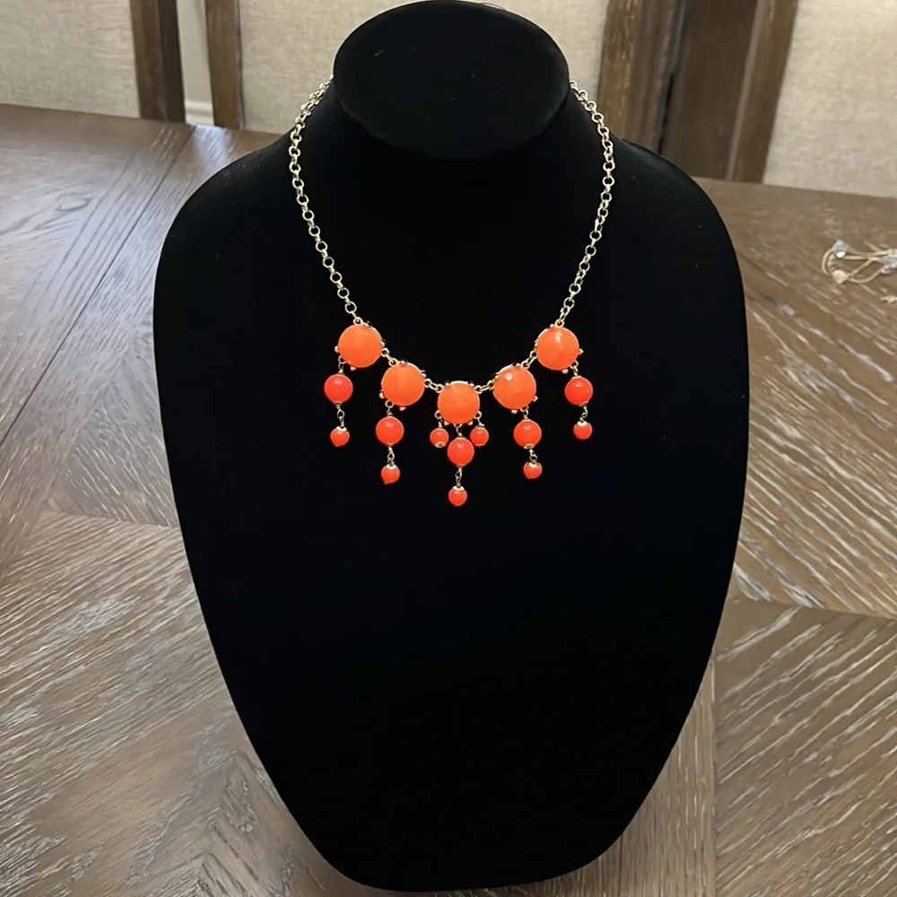 J.Crew bright orange beads with gold tone statement necklace 9.5”